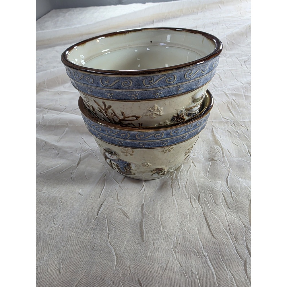 TWO ST. NICHOLAS SQUARE SNOWMAN DESIGN "FOREST FRIENDS"  5 3/4" SOUP/CEREAL BOWL